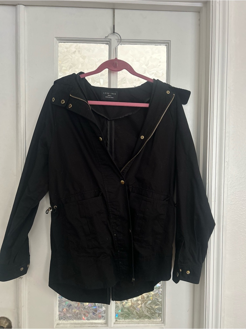 Love Tree Black Hooded Utility Jacket with Gold Accents